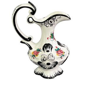 Vestal Portugal Pottery Pitcher 1036 Black White Hand Painted Floral Vase